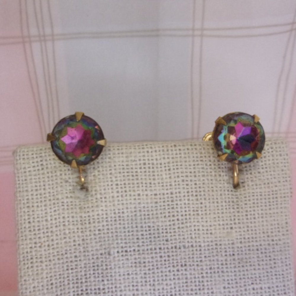 Vintage Watermelon Rhinestone Gold Screw Back Earrings
